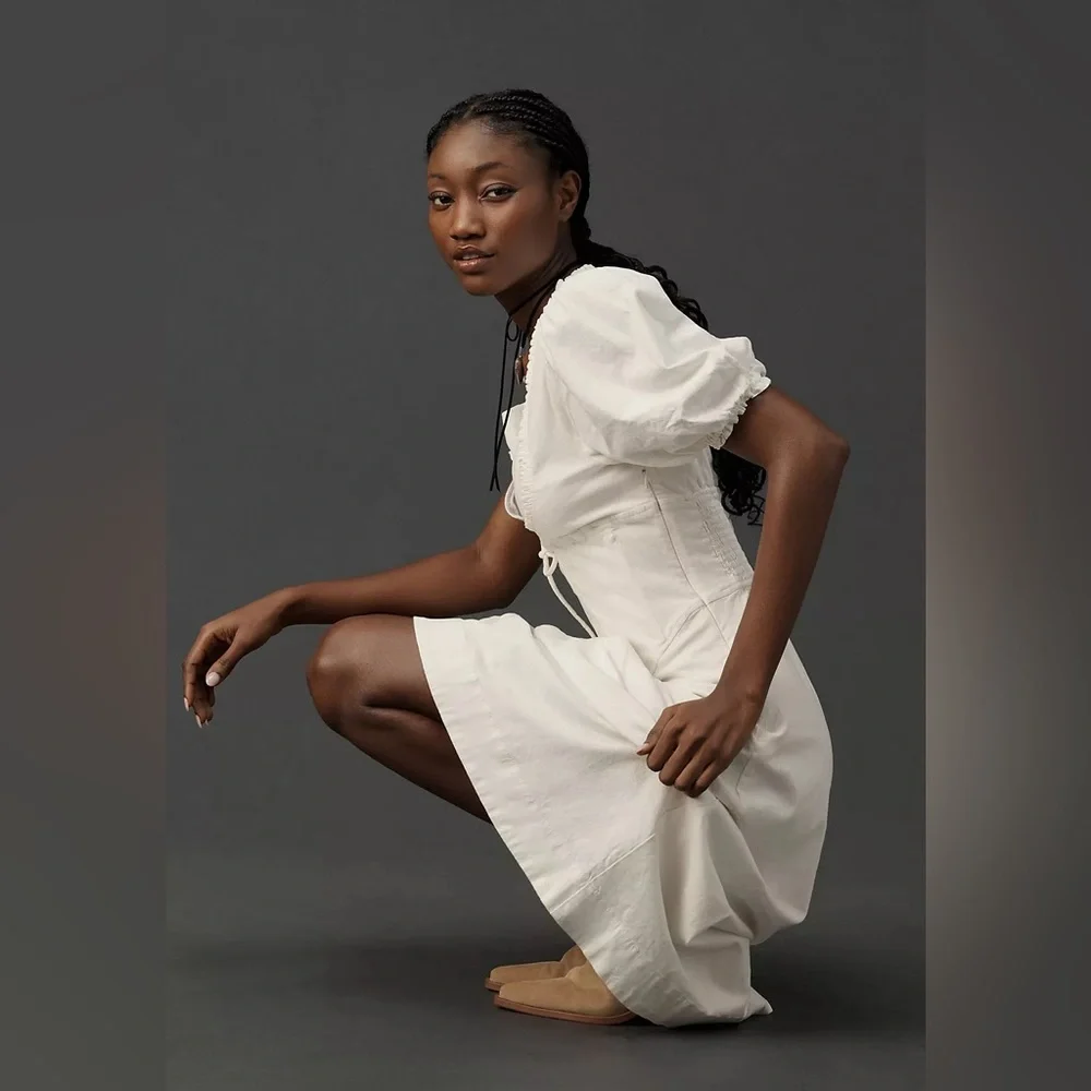 Maeve Anthropologie Puff-Sleeve Corset Linen Midi Dress - White Size Large - Picture 2 of 16